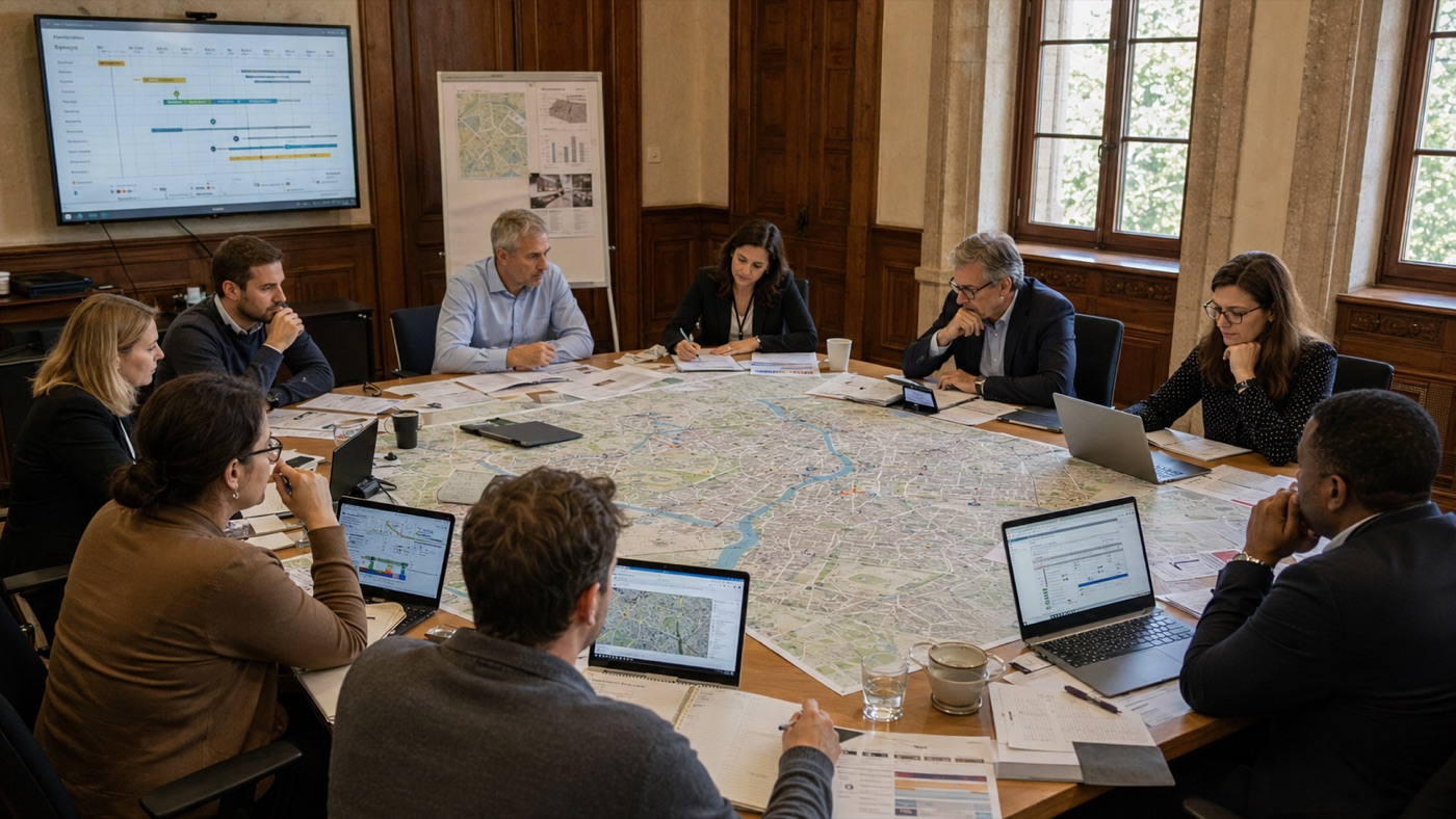 Cellule de crise en exercice de simulation autour d'une carte, dirigeants et experts Arkane en situation de décision sous tension, Annecy Haute-Savoie
